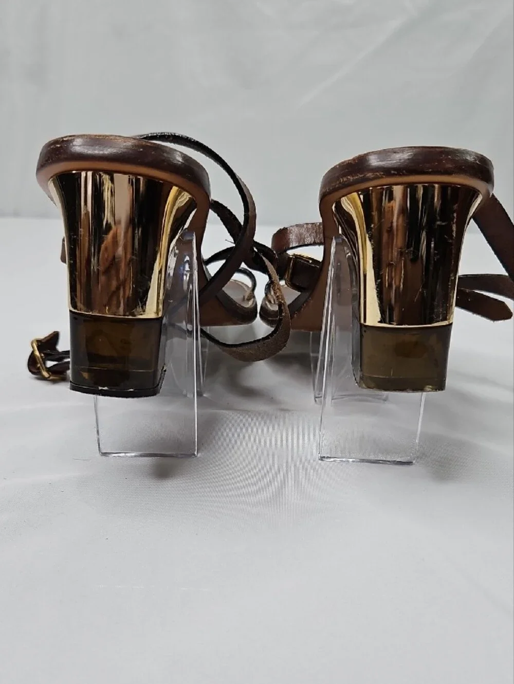 Chloe Brown Leather Strappy Gold Block  Sandals Size 39.5